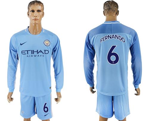 Manchester City #6 Fernando Home Long Sleeves Soccer Club Jersey - Click Image to Close